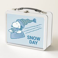 a lunch box with a cartoon character on the front and snow day written on it