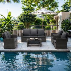 an outdoor living area with couches and tables next to a swimming pool