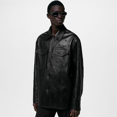 LOUIS VUITTON® - Embroidered Leather Signature Overshirt - Black Brand Clothes, Elegant Drapes, Embroidered Leather, Louis Vuitton Official, Classic Silhouette, Men's Collection, Primavera Estate, Latest Design, Snap Button