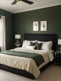 a bedroom with green walls and white bedding