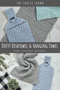 crocheted dishcloths and hanging towels with text overlay that says, the turtle trunk