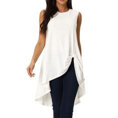 Perfect for both day and evening occasions, these blouses add a touch of elegance and style to any wardrobe. Made with soft fabric, this top ensures all-day comfort without compromising on style. Suitable for casual, holiday, beach, vacation, party, club, photo, dating, home, etc. A sleeveless high-low top for summer matches with any pants, high-waist jeans, leggings, and shoes like sandals, or heels. Spring Solid Color Sleeveless Blouse, Casual Sleeveless Solid Color Blouse, Sleeveless Solid Color Tops For Spring, Spring Sleeveless Solid Color Tops, Solid Color Sleeveless Top, Non-stretch Sleeveless Blouse, Chic Sleeveless Solid Color Top, Chic Sleeveless Non-stretch Blouse, Chic Non-stretch Sleeveless Blouse