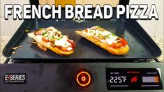 two pieces of pizza sitting on top of a grill with the words french bread pizza