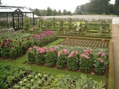 a garden filled with lots of flowers next to a lush green field covered in pink and red flowers