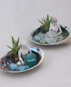 two small bowls with plants in them on a table