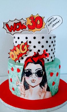 a birthday cake decorated with an image of a woman wearing sunglasses and the words wow 30 on it