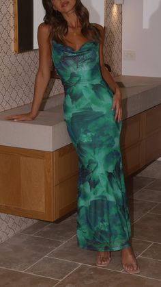 This slip dress features a maxi length, elastic spaghetti straps, cowl neckline, low back. This garment has lining on the skirt and body mesh fabric on the bust, stretchy, slightly sheer, no zipper. Green Maxi Dress With Fitted Bodice And Spaghetti Straps, Green Maxi Dress With Spaghetti Straps And Stretch, Green Slip Dress With Spaghetti Straps For Prom, Green Stretch Slip Dress For Party, Green Maxi Dress With Spaghetti Straps, Green Summer Slip Dress For Prom, Green Slip Dress For Summer Prom, Green Summer Prom Slip Dress, Green Fitted Ruched Slip Dress