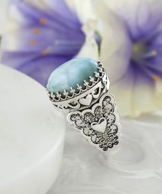 Introducing our 925 Sterling Silver Filigree Art Double Heart Detailed Larimar Gemstone Women Statement Ring, a stunning addition to your jewelry collection! The natural Larimar gemstone, also known as the "Luck Stone", is beautifully showcased in this exquisite ring. Crafted with precision and care, this ring is made of high-quality 925 sterling silver, which makes it durable and perfect for everyday wear. The double heart filigree design adds a touch of elegance and sophistication, making this Unique Larimar Jewelry For Anniversary, Larimar Gemstone Jewelry For Wedding, Larimar Gemstone Jewelry For Anniversary, Anniversary Larimar Gemstone Jewelry, Anniversary Larimar Jewelry Stamped 925, Sterling Silver Filigree, Filigree Design, Double Heart, Filigree Ring