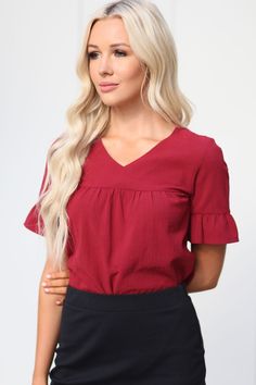 A beautiful baby doll sleeve top in cherry red.  It pairs perfectly with our Cassie pencil skirt in black! Material: 100% Polyester Care: Machine wash cold, Hang dry $35 Bridal Showroom, Modest Formal Dresses, Modest Bridal Gowns, Modest Bridal, Modest Wedding Dress, Modest Tops, Modest Bridesmaid Dresses, Ruffle Sleeve Top, Modest Dress