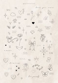 the back side of a sheet of paper with drawings on it and hearts, flowers, arrows