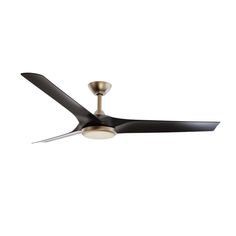 a ceiling fan that is black and gold with a white light on the top of it