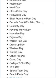 an image of a list with the names of different things to do in each day