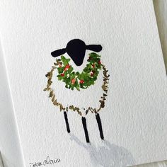 a painting of a sheep with a wreath on it's head is shown in front of a white background