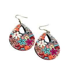 Retro Style Colorful Floral Teardrop Shaped Drop Earrings. Turquoise, Browns, Oranges And White Colors. Glossy Finish. Cut Out Center Design. Solid Black Backside. Gold Tone Ear Wire. Lightweight And Nwot! Bohemian Multicolor Floral Print Earrings, Spring Multicolor Teardrop Jewelry, Multicolor Dangle Teardrop Earrings For Summer, Spring Multicolor Teardrop Earrings, Multicolor Teardrop Earrings For Spring, Multicolor Bohemian Teardrop Earrings For Summer, Multicolor Floral Print Drop Earrings, Bohemian Multicolor Teardrop Earrings For Summer, Earrings Turquoise