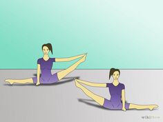 two women are doing yoga exercises on the floor with their legs spread out and one is stretching