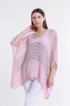 Rose Open Knit Sweater - Blush | Swank Boutique Spring Beige Knit Poncho, Beige Knit Poncho For Spring, Pink Knit Sweater For Summer, Summer Pink Knit Sweater, Elegant Pink Knitted Sweater, Elegant 3/4 Sleeve Sweater For Spring, Chic Knit Poncho For Spring, Oversized Pink Poncho For Spring, Stretch Pink Knit Sweater