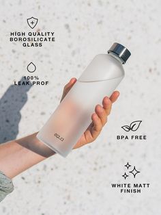 A glass water bottle with a minimalistic EQUA logo with white matte finish and black lid. Velvet Black Glass Bottle is perfect for offering along with stickers so customers can use it as a blank canvas and design it to their liking.. Premium-quality glass. 750 ml / 25 oz. volume. BPA-free, BPF-free, BPS-free. 100% Leak proof. Made in Europe Protein Bottle, Foldable Water Bottle, Black Water Bottles, White Water Bottle