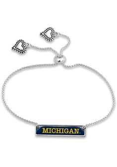 Accessorize your Wolverines game day style with this Michigan Wolverines Nameplate Womens Bracelet. This Womens Bracelet features a team color charm on silver chain. Personalized Casual Silver Jewelry, Personalized Silver Casual Jewelry, Casual Personalized Silver Jewelry, Downtown Girl Fits, Michigan Apparel, Womens Bracelet, Football Stuff, Bracelet Blue, Michigan Wolverines