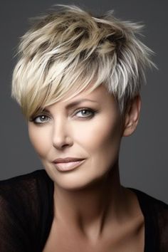 Tousled pixie with edgy bangs is a sophisticated and youthful hairstyle. This is a perfect choice for ladies who enjoy a bob with some variation. Click here to check out more flattering hairstyles for women over 60 with bangs. Hairstyles For Women Over 60, Short Hair Pixie Cuts, Spiked Hair, Choppy Hair, Messy Short Hair, Super Short Hair, Short Grey Hair, Edgy Short Hair