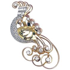 Circa 1940's retro brooch. An artistically designed peacock . His yellow gold body is set with diamond pave, his rose gold tail feathers are set with brilliant cut diamonds and his crown is set with baguette cut diamonds. 3" x 1.25" 11 baguettes 0.30 carats 12 full cut diamonds 1.45 carats 66 single cut diamonds 1.20 carats Elegant Peacock Design Brooch For Formal Occasions, Elegant Peacock Design Brooch For Formal Wear, Elegant Wedding Brooch With Peacock Design, Elegant Peacock Design Brooch For Wedding, Elegant Peacock Design Wedding Brooch, Peacock Brooch, Gold Peacock, Gold Bodies, Tail Feathers