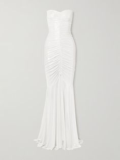 NORMA KAMALI Strapless ruched stretch-lamé gown | NET-A-PORTER Uzun Boy, Norma Kamali, Gala Dresses, White Dresses, Mermaid Fashion, Flare Skirt, Simple Dresses