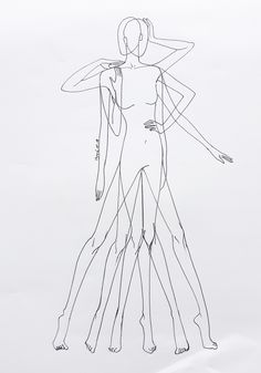 a line drawing of a woman's body and hands on her head, with lines drawn across it