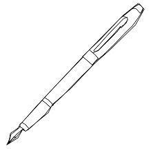 a black and white drawing of a ballpoint pen with its tip pointing up to the side