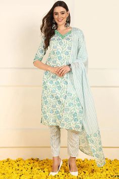 White & Blue Cotton Floral Print Straight Shape Suit Set with Dupatta Spring Floral Print Cotton Pant Set, Fitted Cotton Kurta With 3/4 Sleeves, Floral Print Straight Kurta Pant Set For Eid, Fitted Pant Set With Straight Kurta And Printed Motifs, Fitted Pant Set With Printed Motifs And Straight Kurta, Cotton V-neck Set With Dupatta, Green Churidar For Spring, Spring Printed Straight Kurta Salwar Kameez, Spring Printed Salwar Kameez With Straight Kurta