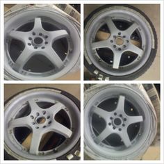 four pictures of the same wheel and tire