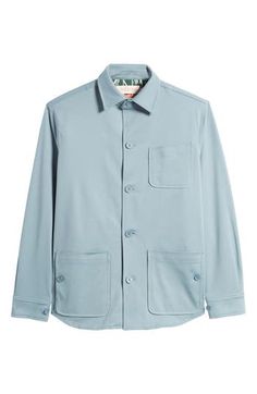 This shirt-jacket takes it up a notch or three with a lightweight cotton blend, a slanted chest pocket and dual-entry front patch pockets. 29" length; 45" chest (size Medium) Front button closure Point collar Adjustable button cuffs Chest patch pocket; front button-patch pockets Curved hem 67% cotton, 29% Tencel® lyocell, 4% elastane Tencel lyocell is a more-sustainably produced fiber made with closed-loop processing Machine wash, dry flat Made in Turkey Blue Unstructured Outerwear For Fall, Unstructured Camp Collar Top For Fall, Blue Spread Collar Outerwear For Fall, Blue Outerwear With Spread Collar For Fall, Casual Sport Coat With Buttoned Pockets And Long Sleeves, Blue Button-up Sport Coat, Casual Blue Outerwear With Spread Collar, Spring Unstructured Cotton Sport Coat, Casual Unstructured Button-up Sport Coat