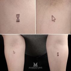 three different tattoos on the arms and legs, each with an hourglass in it