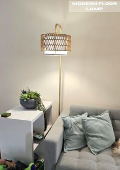 a dog laying on top of a gray couch next to a lamp in a living room