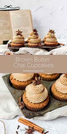 cupcakes with cinnamon butter frosting in a muffin tin and an open book