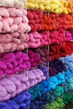 many skeins of yarn are lined up on the rack in front of each other