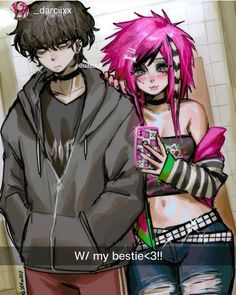 two anime characters with pink hair and piercings, one is holding a cell phone