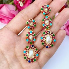 punjabi navratan jadau earrings Multicolor Gold Plated Earrings For Diwali, Elegant Multicolor 22k Gold Earrings, Multicolor 22k Gold Earrings For Gifts, Multicolor Gold-plated Earrings For Diwali, Multicolor 22k Gold Temple Jewelry Earrings, Navarathan Earrings, Party Gold-plated Meenakari Earrings, Gold-plated Meenakari Dangle Jewelry, Festive Meenakari Gold Plated Pearl Earrings