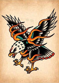 an eagle with flames on it's wings is shown in this tattoo art design