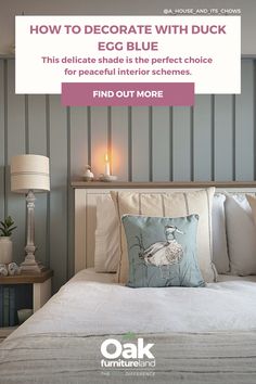 a bed with white sheets and pillows in front of a wallpapered headboard that reads, how to decorate with duck