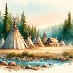 a painting of native american teepee houses by a river