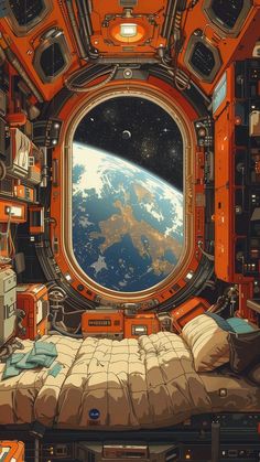 an astronaut's bedroom with a view of the earth from its window and bed