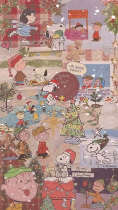 a collage of cartoon characters and christmas trees with snow falling on the ground in front of them