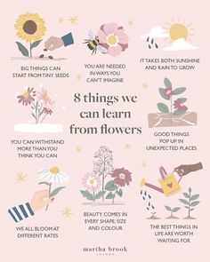 a pink poster with flowers and words that say 8 things we can learn from flowers