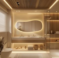 a modern bathroom with white fixtures and wood accents