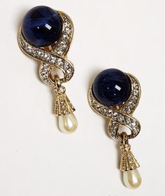 Earrings Vintage, Vintage Earrings, Clip On, Faux Pearl, Sapphire, Dangle Earrings, Glass, Beauty, Quick Saves