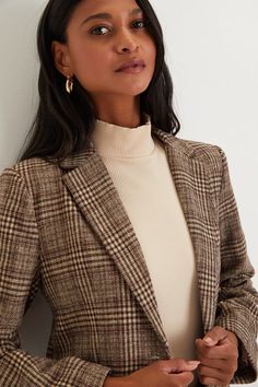 Put a posh finish on any autumn outfit with the addition of the Lulus Sophisticated Chic Brown Plaid Tweed Blazer! Soft and sturdy woven tweed fabric boasts a classic plaid pattern as it shapes long sleeves with lightly padded shoulders and decorative button cuffs that frame a collared neckline with notched lapels. Front secures with a single button closure, and two flap pockets complete the loops. Vent at back. Fit: This garment fits true to size. Length: Size medium measures 26" from shoulder Winter Business Professional Outfits, Plaid Blazer Outfit Women, Fall Blazer Outfits, Casual Blazer Outfit Women, Tweed Blazer Outfit, Plaid Blazer Outfit, Business Fits, Blazer Outfits Casual, Business Professional Outfits