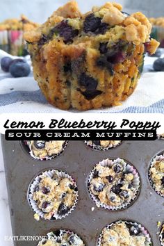 lemon blueberry poppy sour cream muffins are ready to be eaten