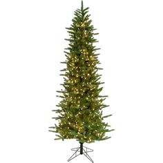 a tall artificial christmas tree with lights on it's sides and a black stand