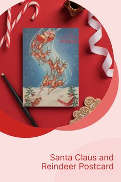 santa claus and reindeer postcard with candy canes on red background, surrounded by christmas decorations