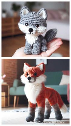 crocheted stuffed animals are shown in two different photos, one is grey and the other is orange