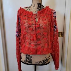 Brand New - Never Worn Red Lace Tops For Spring, Red Lace Blouse For Spring, Red Lace Long Sleeve Top, Floral Tunic Tops, Henley Tee, White Halter Maxi Dress, Floral Tunic, Floral Color, Top Floral